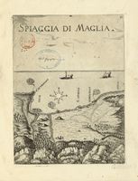 Le village de Malia en Crète. Gravure de la Spiaggia di Maglia par Marco Boschini en 1651. Cliquer pour agrandir l'image.
