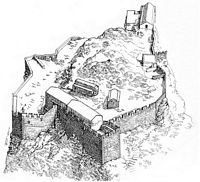 Le village et le château de Monolithos sur l’île de Rhodes. Gravure de 1522 de la forteresse de Monolithos. Cliquer pour agrandir l'image.