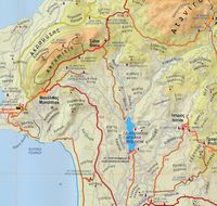 Le village et le château de Monolithos sur l’île de Rhodes. Carte topographique de la région. Cliquer pour agrandir l'image.