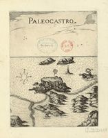 Le village de Palékastro en Crète. Gravure de Paleocastro par Marco Boschini en 1651. Cliquer pour agrandir l'image.