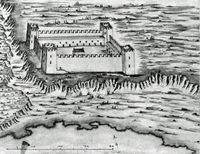 Le village de Patsianos en Crète. Dessin du château de Castelfranco par Raffaele Monanni en 1631. Cliquer pour agrandir l'image.