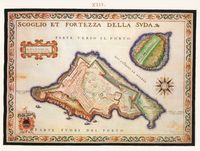 Le village de Souda en Crète. Carte ancienne de la forteresse de Souda par Francesco Basilicata en 1618. Cliquer pour agrandir l'image.