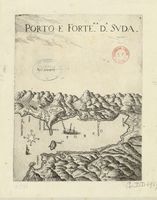 Le village de Souda en Crète. Gravure de Porto e Fortezza da Suda par Marco Boschini en 1651. Cliquer pour agrandir l'image.