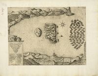 Le village de Souda en Crète. Gravure du siège de la forteresse de Souda en 1646 (auteur Marco Boschini). Cliquer pour agrandir l'image.