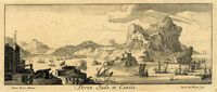 Le village de Souda en Crète. Gravure de la rade de Suda (Jan Peeters vers 1665). Cliquer pour agrandir l'image.