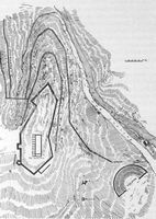 Le site archéologique de Gortyne en Crète. Croquis des fortifications byzantines de l'Acropole (auteur Giuseppe Gerola, 1902). Cliquer pour agrandir l'image.
