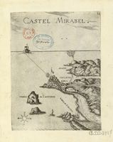 La ville d’Agios Nikolaos en Crète. Gravure du Castel Mirabel par Marco Boschini en 1651. Cliquer pour agrandir l'image.