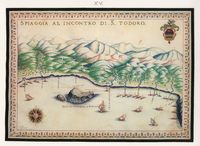 Le dème de La Canée en Crète. Carte ancienne des environs de l'îlot Saints-Théodores par Francesco Basilicata en 1618. Cliquer pour agrandir l'image.