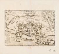 Le port et les fortifications de La Canée en Crète. Gravure du siège de 1645 (auteur inconnu, 1707). Cliquer pour agrandir l'image.