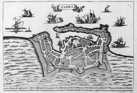 Le port et les fortifications de La Canée en Crète. Gravure des fortifications (Jacob Peeters, 1690). Cliquer pour agrandir l'image.