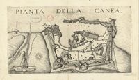 La vieille ville de La Canée en Crète. Gravure Pianta della Canea par Marco Boschini en 1651. Cliquer pour agrandir l'image.