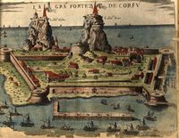 La vieille forteresse de la ville de Corfou. En 1573 (gravure par Simon Pinargenti). Cliquer pour agrandir l'image.