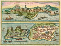 La ville de Corfou. Carte de la ville en 1715 (Braun et Hogenberg). Cliquer pour agrandir l'image.