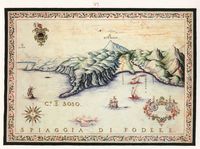 La ville de Gazi en Crète. Carte ancienne de la baie de Fodélé par Francesco Basilicata en 1618. Cliquer pour agrandir l'image.
