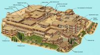 Le palais de Cnossos à Héraklion en Crète. Reconstitution vue du sud-est. Cliquer pour agrandir l'image.