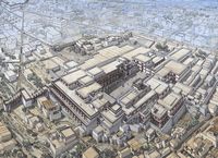 Le palais de Cnossos à Héraklion en Crète. Reconstitution de la ville et du palais. Cliquer pour agrandir l'image.