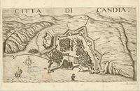 La ville d’Héraklion en Crète. Gravure de la Citta di Candia par Marco Boschini en 1651. Cliquer pour agrandir l'image.