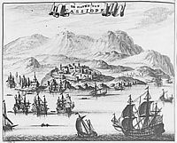La ville de Kassiopi sur l’île de Corfou. Gravure de 1688 (Offert Dapper). Cliquer pour agrandir l'image.