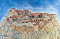 Essai de reconstitution de l'acropole de Lindos à Rhodes. Cliquer pour agrandir l'image.