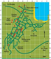 Plan van de stad Lindos in Rhodos. Klikken om het beeld te vergroten.