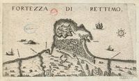 La forteresse de Réthymnon en Crète. Gravure par Marco Boschini en 1651 (source Bibliothèque Nationale de France). Cliquer pour agrandir l'image.