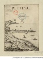 La vieille ville de Réthymnon en Crète. Gravure de la ville et de la forteresse par Marco Boschini en 1651 (source Gallica BNF). Cliquer pour agrandir l'image.