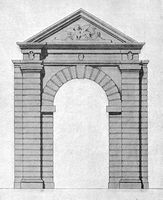 La vieille ville de Réthymnon en Crète. Reconstitution de la façade intérieure de la porte Guora par Giuseppe Gerola. Cliquer pour agrandir l'image.