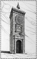 La vieille ville de Réthymnon en Crète. Dessin de reconstitution de la Tour de l'horloge par Giuseppe Gerola vers 1902. Cliquer pour agrandir l'image.