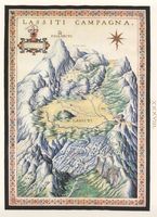 Le plateau du Lassithi en Crète. Carte ancienne du massif du Lassithi par Francesco Basilicata en 1618. Cliquer pour agrandir l'image.