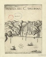 La ville de Vryssès en Crète. Gravure de la Spiaggia del Castel Apicorona par Marco Boschini en 1651. Cliquer pour agrandir l'image.