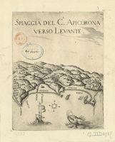 La ville de Vryssès en Crète. Gravure de la Spiaggia del Castel Apicorona verso Levante par Marco Boschini en 1651. Cliquer pour agrandir l'image.