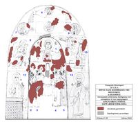 La ville de Vryssès en Crète. Croquis des fresques du mur de l'est de l'église de la Dormition à Alikampos (auteur 28e Éphorie des Antiquités byzantines). Cliquer pour agrandir l'image.