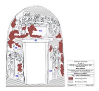 La ville de Vryssès en Crète. Croquis des fresques du mur de l'ouest de l'église de la Dormition à Alikampos (auteur 28e Éphorie des Antiquités byzantines). Cliquer pour agrandir l'image.