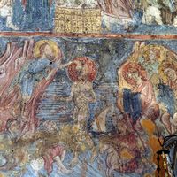 La ville de Vryssès en Crète. Fresque du Baptême de l'église de la Dormition à Alikampos. Cliquer pour agrandir l'image.