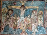 La ville de Vryssès en Crète. Fresque de la Crucifixion de l'église de la Dormition à Alikampos. Cliquer pour agrandir l'image.