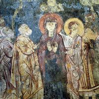 La ville de Vryssès en Crète. Fresque de la Résurrection de l'église de la Dormition à Alikampos. Cliquer pour agrandir l'image.