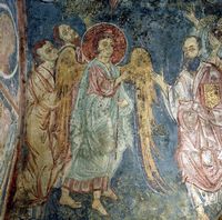 La ville de Vryssès en Crète. Fresque de l'Ascension de l'église de la Dormition à Alikampos. Cliquer pour agrandir l'image.