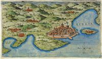 La ville de Budva au Monténégro. Gravure de Budva en 1597 par Giacomo Franco. Cliquer pour agrandir l'image.