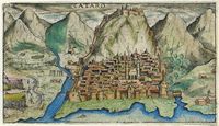 La ville de Kotor au Monténégro. Gravure de Kotor en 1597 par Giacomo Franco. Cliquer pour agrandir l'image.